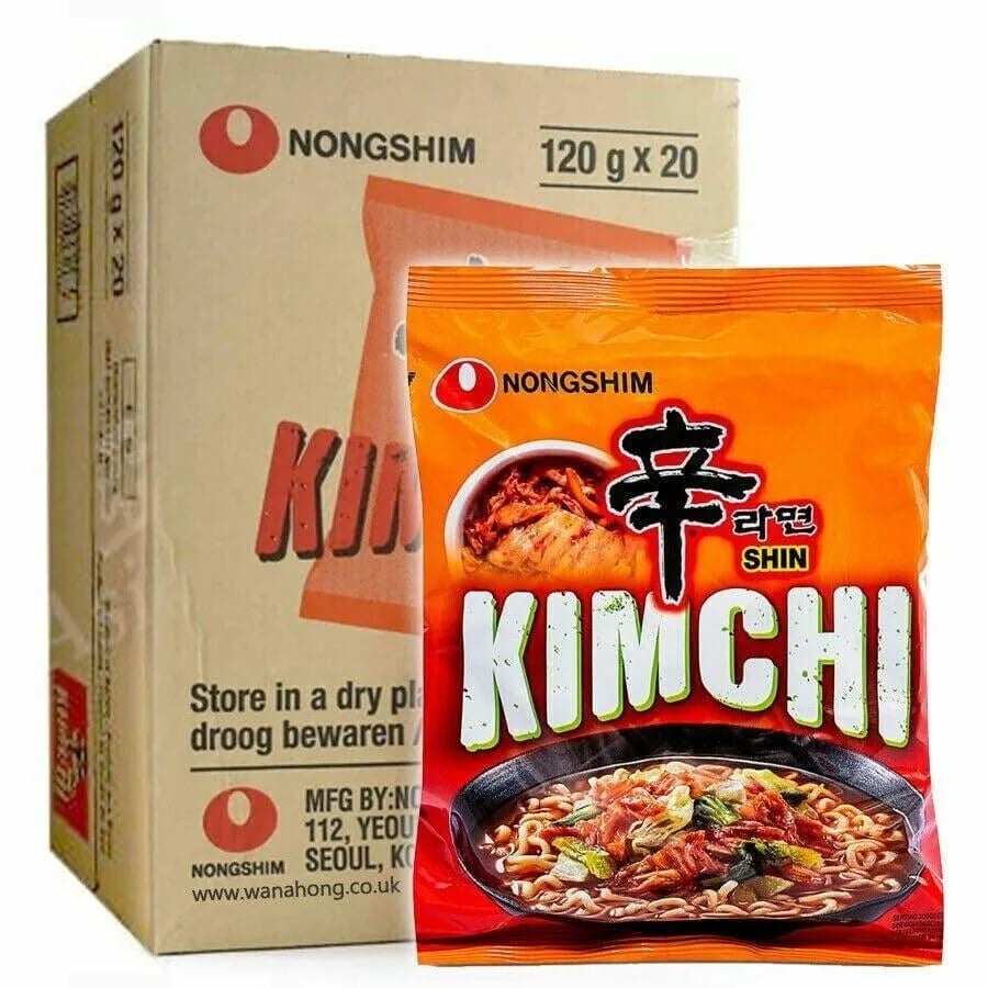 Nongshim Shin Kimchi Ramyun packet in front of its outer carton
