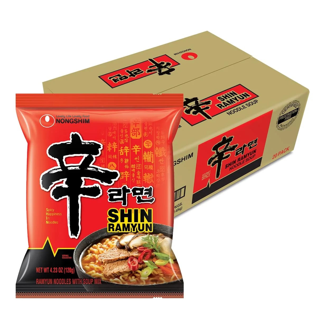 Nongshim Shin Ramyun packet in front of its outer carton