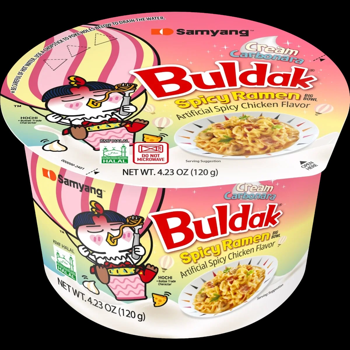 Buldak Cream Carbonara Hot Chicken Flavour Ramen Big Bowl 120 g packaging