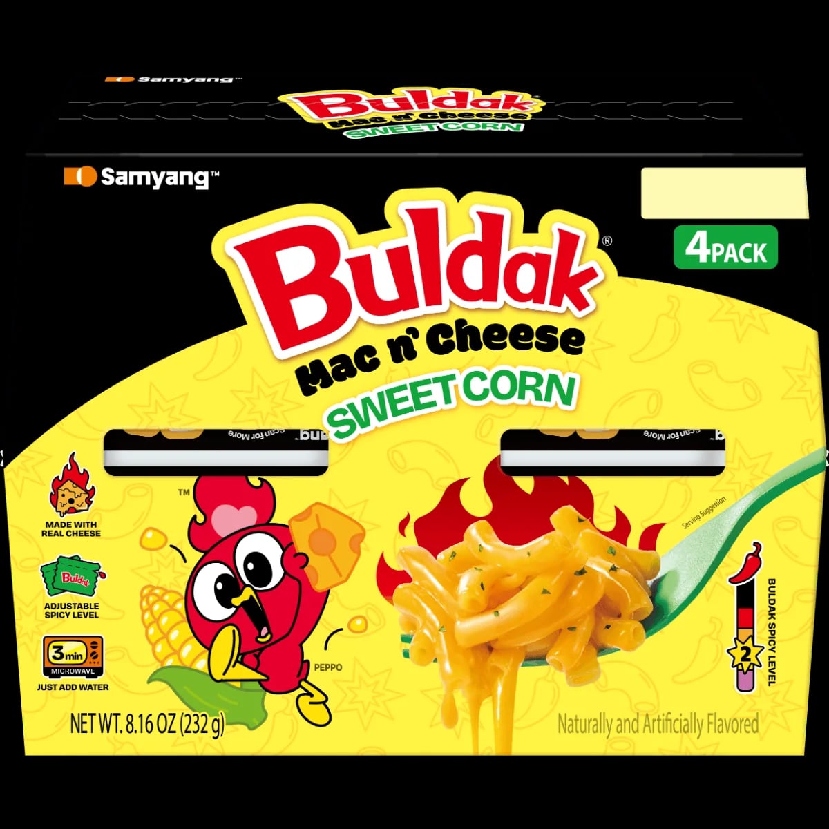 Buldak Mac & Cheese Sweet Corn 4-Cup Pack packaging