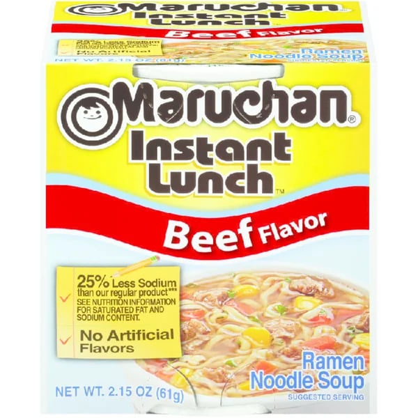 Maruchan Ramen Noodle Soup Less Sodium Beef Flavor packaging