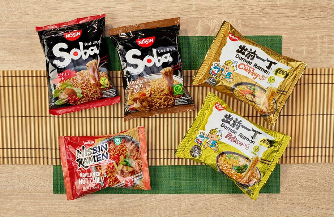 Five Nissin Soba noodle packets in different flavours